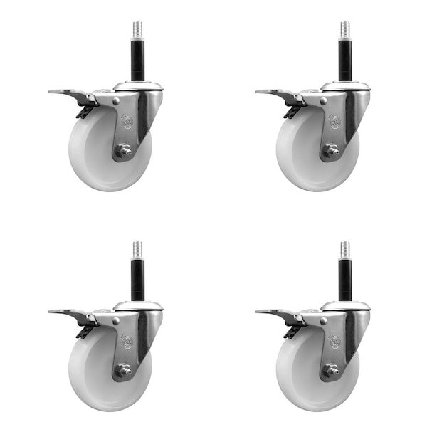 4'' SS Nylon Swivel 3/4'' Expanding Stem Caster Set Total Lock Brake, 4PK